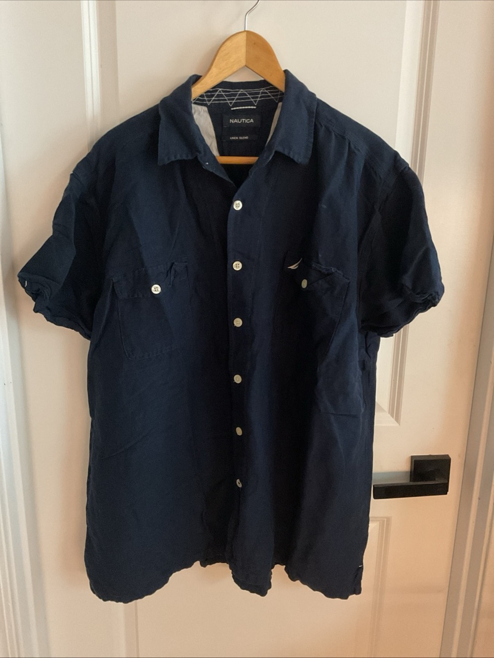 Nautica Linen Blend - Men's Dark Navy Short-Sleeve Button-Down Shirt - Size XL